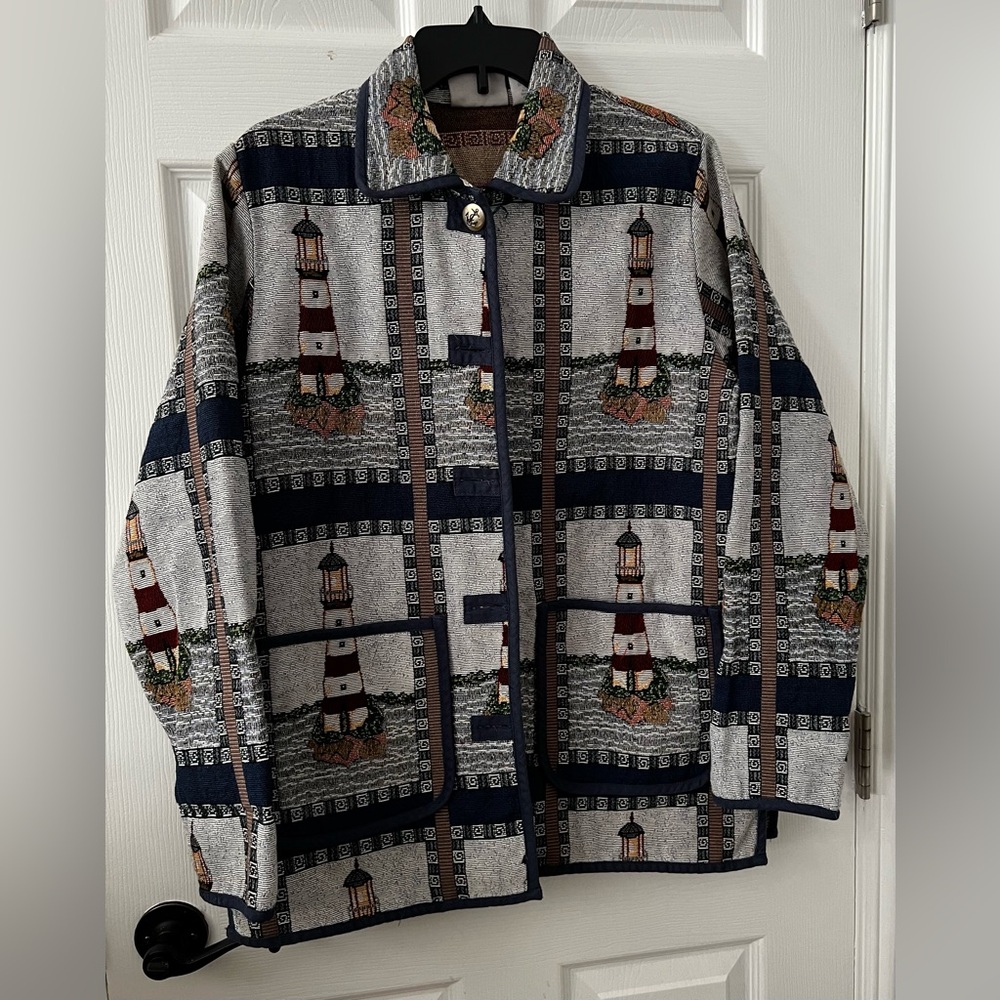 VTG 90’s Blair Women S Tapestry Jacket Lighthouse/Sailboat Patterned Nautical